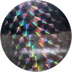 macro photo of round holo foil sticker with silver grid element