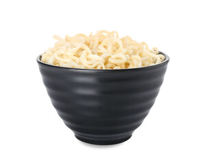 Bowl with tasty noodles on white background