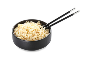 Bowl with tasty noodles and chopsticks on white background