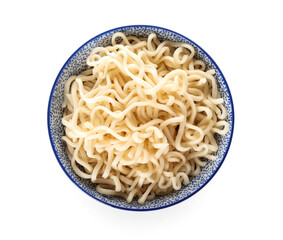 Bowl with tasty noodles on white background