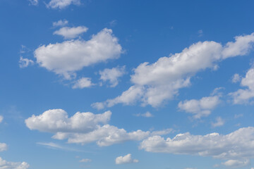 Bright blue sky with light clouds. Calm texture or background