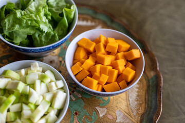 Vegetables in a bowl. Baby soup ingredients. 