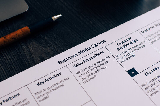 There is dummy documents that created for the photo shoot on the desk about Business Model Canvas.