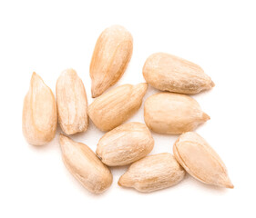Peeled sunflower seeds on white background, top view