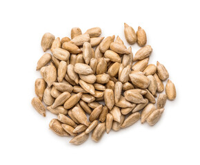 Pile of peeled sunflower seeds on white background