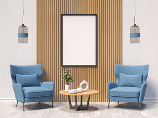 Mock up poster frames with blue armchairs and wooden wall panel