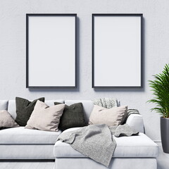 Mock up poster frames with corner sofa and pillows