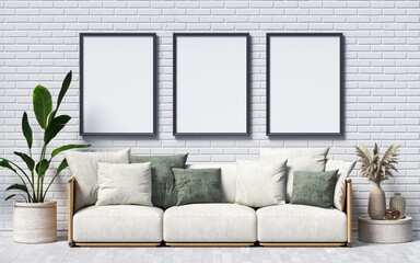Three mock up poster frames with green pillows