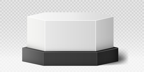 Realistic marble podium. White and black pedestal, luxury graphic element for website. Promotion of goods on Internet, online marketing, discounts and special offers. Isometric vector illustration