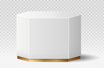 Realistic marble podium. White and gold pedestal. Luxurious poster or banner, promotion of cosmetic product or new items on Internet. Sales and special offers for users. Isometric vector illustration