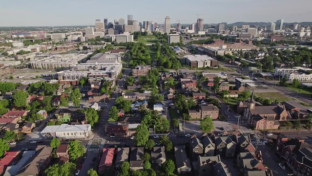 Drone Shot of Germantown with Cityscape in Background - Nashville, TN