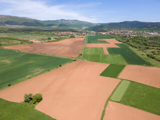 Aerial view of rural land near town of Godech, Bulgaria