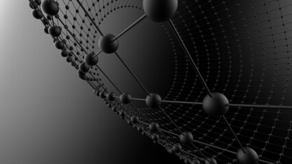 Black Mathematical Geometric Abstract Wave Dots-Line Grid Structure under Black Spot Lighting Background. Conceptual image of technological innovations, strategies and revolutions. 3D CG.