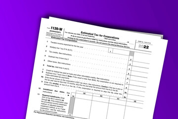 Fototapeta na wymiar Form 1120-W documentation published IRS USA 11.23.2021. American tax document on colored