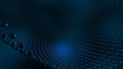 Metallic Silver Mathematical Geometric Abstract Wave Dots-Line Grid Structure under Blue Spot Lighting Background. Conceptual image of technological innovations, strategies and revolutions. 3D CG.