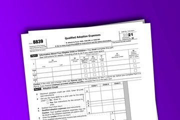 Form 8839 documentation published IRS USA 11.22.2021. American tax document on colored