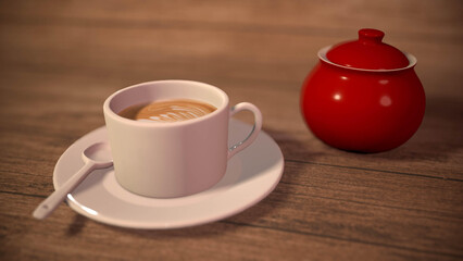 Obraz na płótnie Canvas Cup of coffee with sugar bowl on a wooden table 3d-rendering