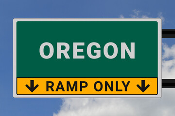 Oregon logo.  Oregon lettering on a road sign. Signpost at entrance to  Oregon, USA. Green pointer in American style. Road sign in the United States of America. Sky in background