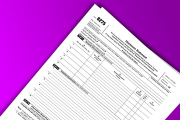 Form 8275 documentation published IRS USA 08.29.2013. American tax document on colored