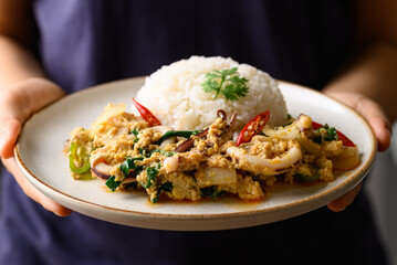 Thai stir fried curry squid and cooked rice, Thai food