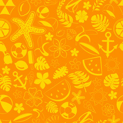 Seamless pattern of various items related to summer holidays at sea, in yellow colors