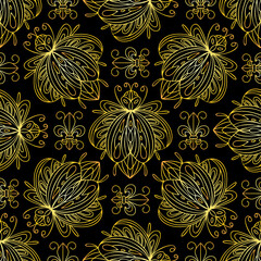 Seamless pattern of golden bugs and Florentine lilies. Bohemian pattern with beetles. Vector illustration