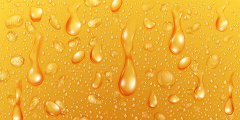 Background with big and small realistic water drops in yellow colors