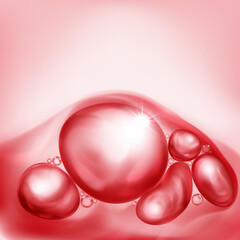 Illustration with beautiful realistic air bubbles with bright glare, floating in water or other liquid, in red color