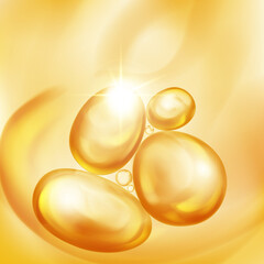 Illustration with beautiful realistic air bubbles with bright glare, floating in water or other liquid, in yellow color
