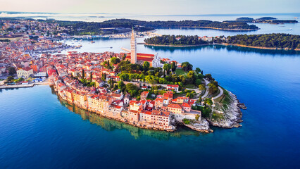 Fototapeta premium Rovinj, Croatia - Aerial drone view of historical Istria city