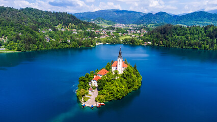 Bled, Slovenia - Julian Alps and Church Santa Maria, Lake Bled