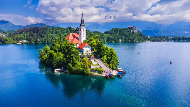 Bled, Slovenia - Julian Alps and Church Santa Maria, Lake Bled