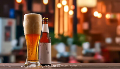 Bottle and glass of beer on counter in pub.