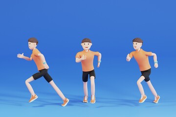 Obraz na płótnie Canvas 3D cartoon Male runner training isolated on Blue studio background. Muscular, sportive man - 3D illustration