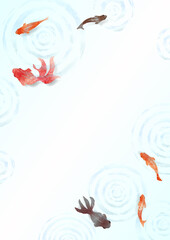 Fototapeta premium 金魚と波紋の夏らしい涼しげな水彩背景