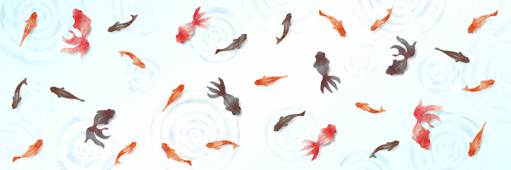 Naklejka premium 金魚と波紋の夏らしい涼しげな水彩背景