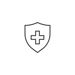 Medicine and healthcare concept. Simple monochrome illustration for web sites, stores, apps. Editable stroke. Vector line icon of medical cross inside of armor or shield