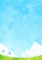 シンプルな青空と草原と風景イラスト