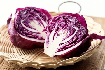 Fototapeta premium Half Purple Red Cabbage on Rattan Plate, Fresh Picked