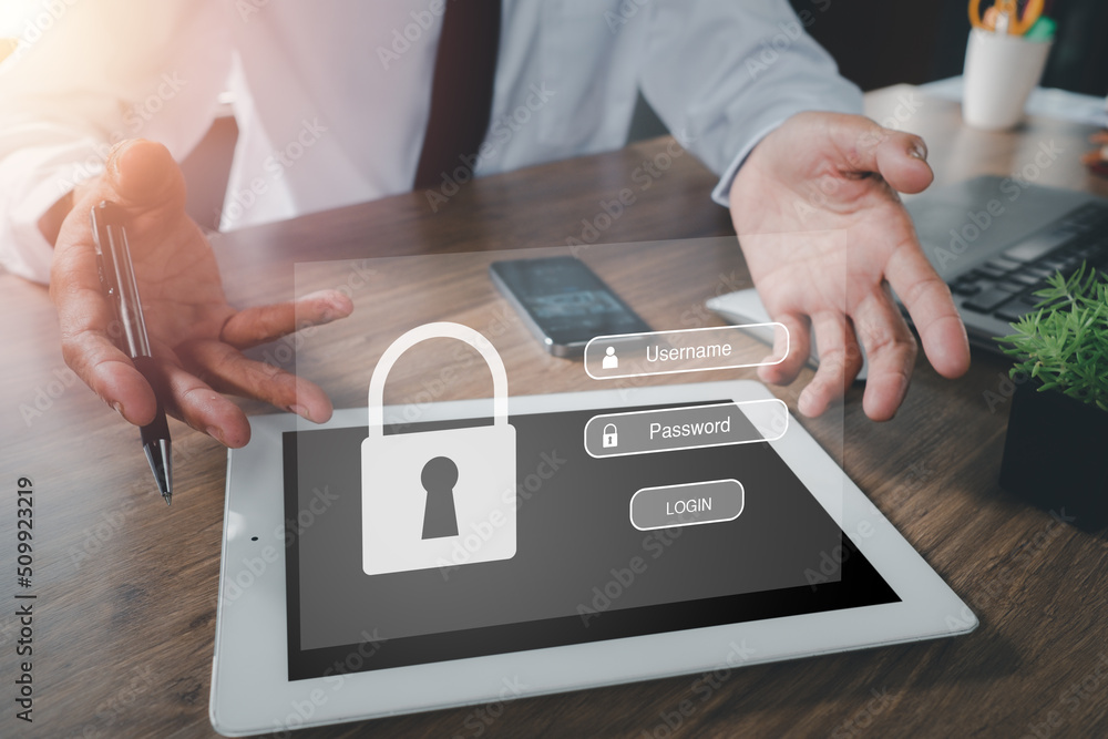 Poster person hand typing on digital tablet with login and password and fingerprint on screen display, cybe