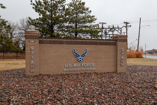 Wichita, Kansas, USA - March 22, 2022: The sign for McConnell Air Force Base is shown in Wichita, Kansas, USA. McConnell Air Force Base is a United States Air Force base. 