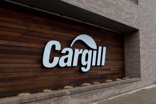 
Wichita, Kansas, USA - March 22, 2022: Close up of Cargill sign at their North American Protein headquarters in Wichita, Kansas, USA. Cargill Inc., is an American global food corporation. 
