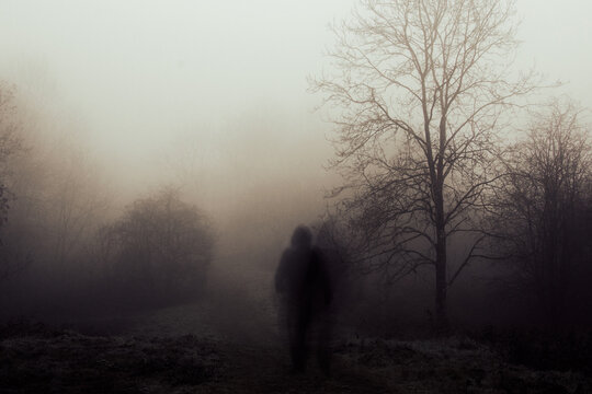 A spooky concept of a blurred, ghostly figure. Walking on a path on a scary, foggy winters day in the countryside.
