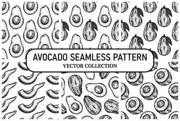 Avocado seamless vector patterns set. Whole fruit, cut in half, slice. Fresh vegetable with seed, ripe pulp, on a branch with a leaf. Hand drawn black and white food sketch. Backdrops collection