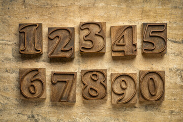 numbers in letterpress wood type (outlined font) against textured bark paper