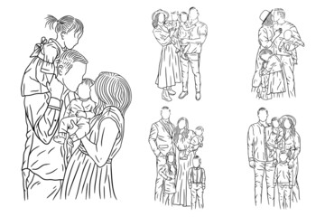 Fototapeta premium Set Bundle Line Art Drawing Simple Happy Family with Kids and Children Hand Drawn