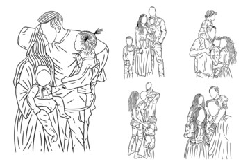 Fototapeta na wymiar Set Bundle Line Art Drawing Simple Happy Family with Kids and Children Hand Drawn