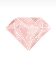 Watercolor of diamond crystal in pink colored gemstone. Hand drawn of jewelry decorative isolated in white background. Good for gift paper, wedding decor or card making.