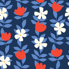 Vintage floral background. Retro botanical seamless pattern. Colorful vector print for fabric, paper, any surface with modern simple shaped flowers. Mid century art style