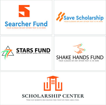 The illustration of scholarship foundation logo design template with initial letter S, handshake, and building school flat line art isolated on white background